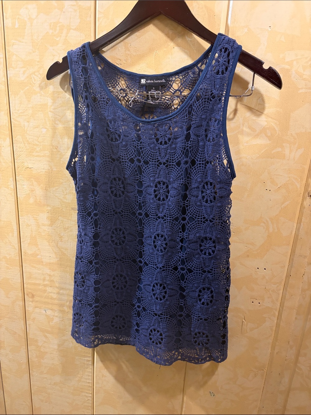 Valerie Bertinelli Navy Crochet Tank Top